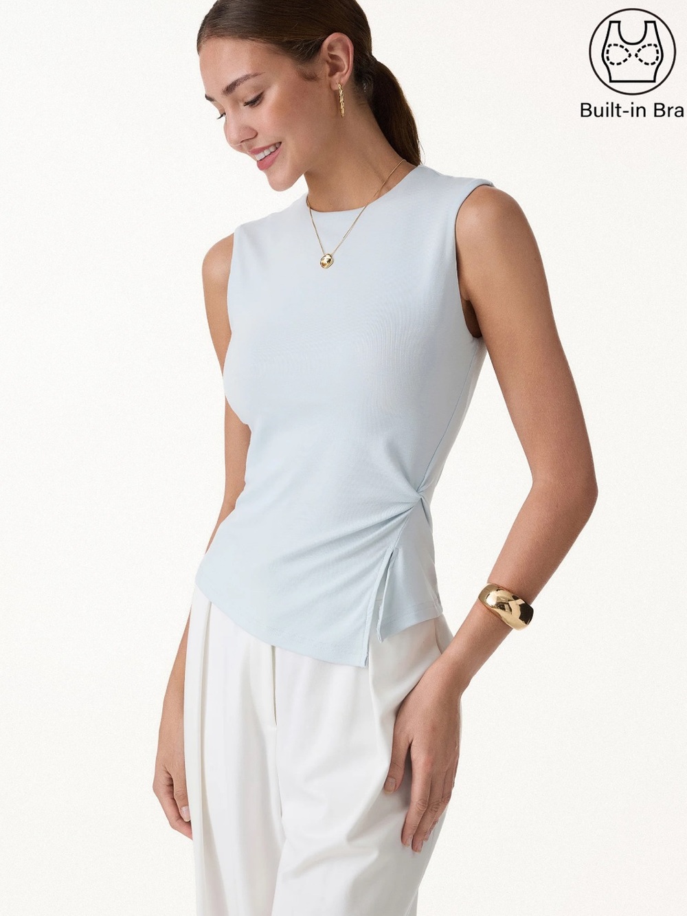 OGL CoolTouch Round Neck Twisted Bra Tank with Slit Icy Whisper Blue Size XL